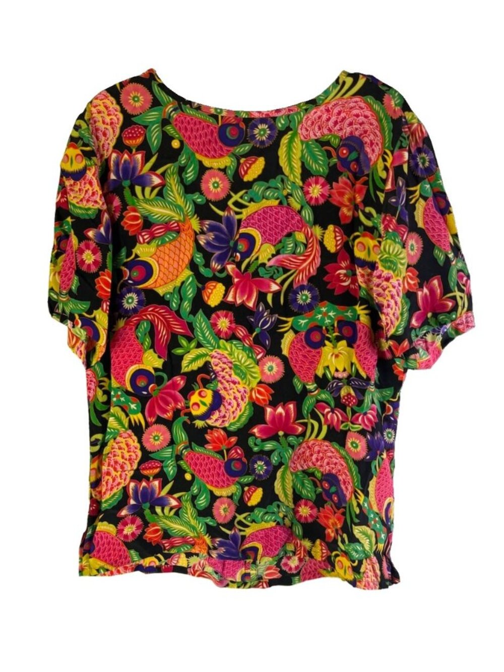 Vintage 80s Silk Shirt Top Rainbow Floral Whimsical Streetwear Artsy
